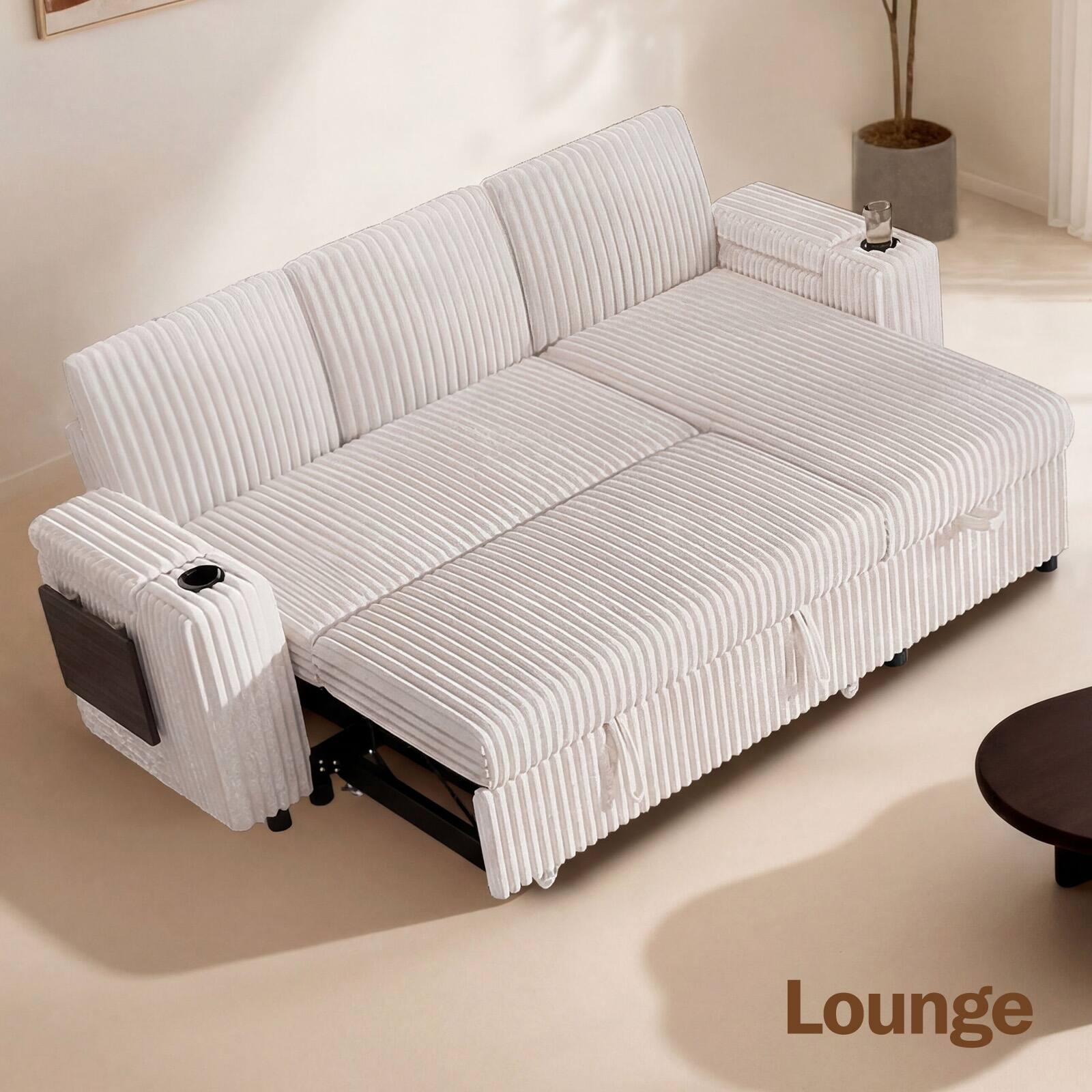 Alt View 2. Dyonery - Dyonery 85" Modular Sectional Sleeper Sofa with Pull Out Bed, 3 Seat L Shaped with Reclining Backrest,Corduroy Beige - Beige.