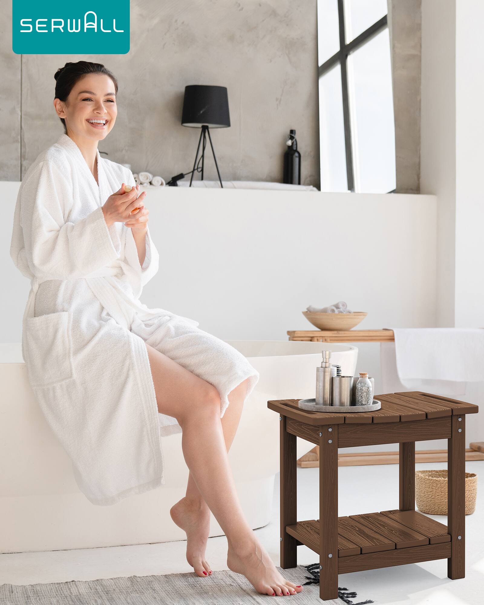 Alt View 3. SERWALL - SERWALL 18" Shower Bench, Waterproof Shower Stool for Inside Shower, 360 lbs Capacity- Brown - Brown.