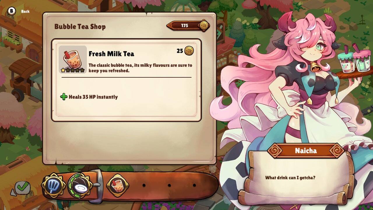 Back Bubble Tea Shop 175 Fresh Milk Tea 25 The classic bubble tea, its milky flavours are sure to keep you refreshed. + Heals 35 HP instantly Naicha W What drink can I getcha?