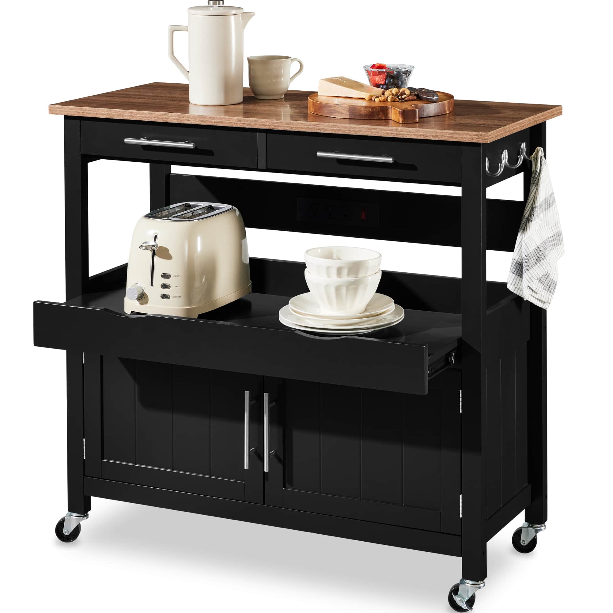 Best Choice Products - 36in Large Rolling Kitchen Island Cart, 2-Door Cabinet, Outlet, Hooks, & Wheels - Black
