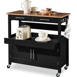 Best Choice Products - 36in Large Rolling Kitchen Island Cart, 2-Door Cabinet, Outlet, Hooks, & Wheels - Black