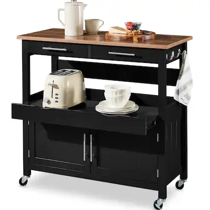 Front. Best Choice Products - Best Choice Products 36in Large Rolling Kitchen Island Cart, 2-Door Cabinet, Outlet, Hooks, & Wheels - Black - Black.