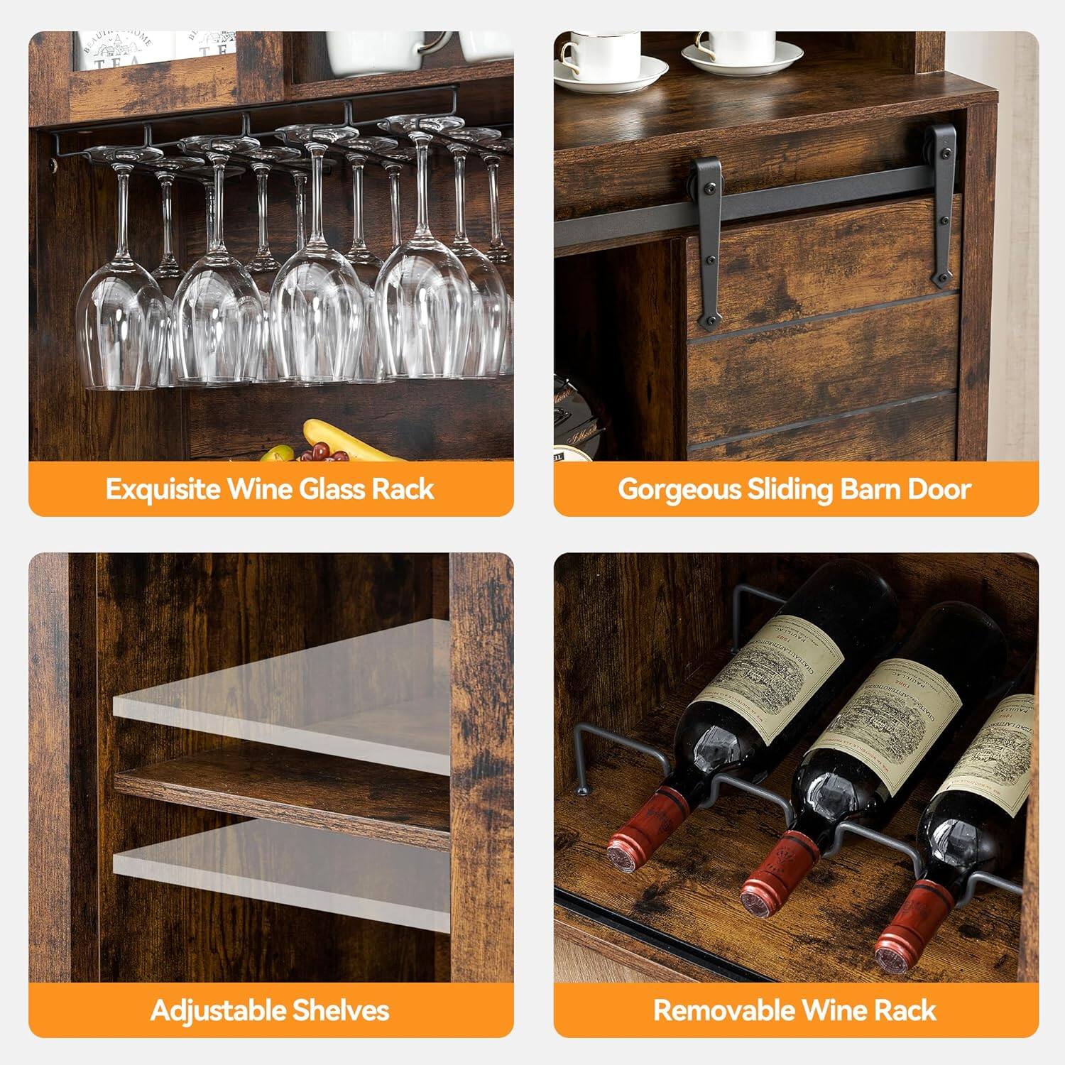 Exquisite Wine Glass Rack  
Gorgeous Sliding Barn Door  
Adjustable Shelves  
Removable Wine Rack