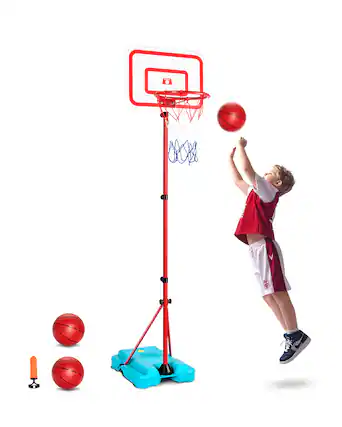Front. VEVOR - Kids Basketball Hoop, Height Adjustable, Portable Basketball Court with Fillable Base,Backyard Sport Game - Blue,Red.