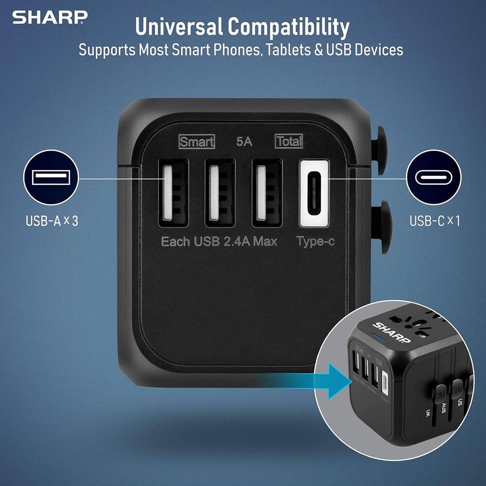 SHARP Universal Compatibility  
Supports Most Smart Phones, Tablets & USB Devices  

USB-A x 3  
Each USB 2.4A Max  

USB-C x 1  

SHARP RP UK 9N