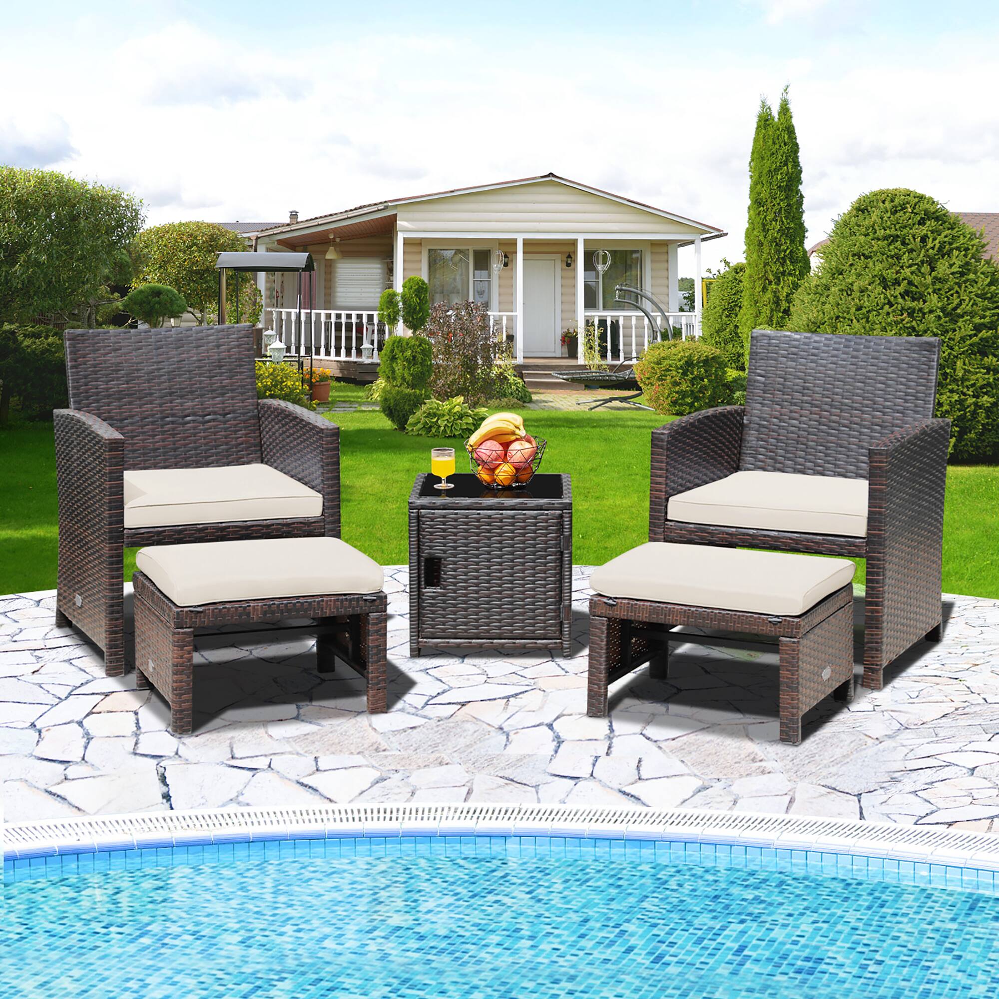 Alt View 1. Costway - Costway 5PCS Patio Rattan Furniture Set Ottoman Cushioned W/Cover Space Saving - White.