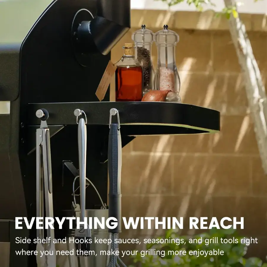 EVERYTHING WITHIN REACH: 1. Grills: Side shelf and hooks keep sauces, seasonings, and grill tools right where you need them, making your grilling more enjoyable.