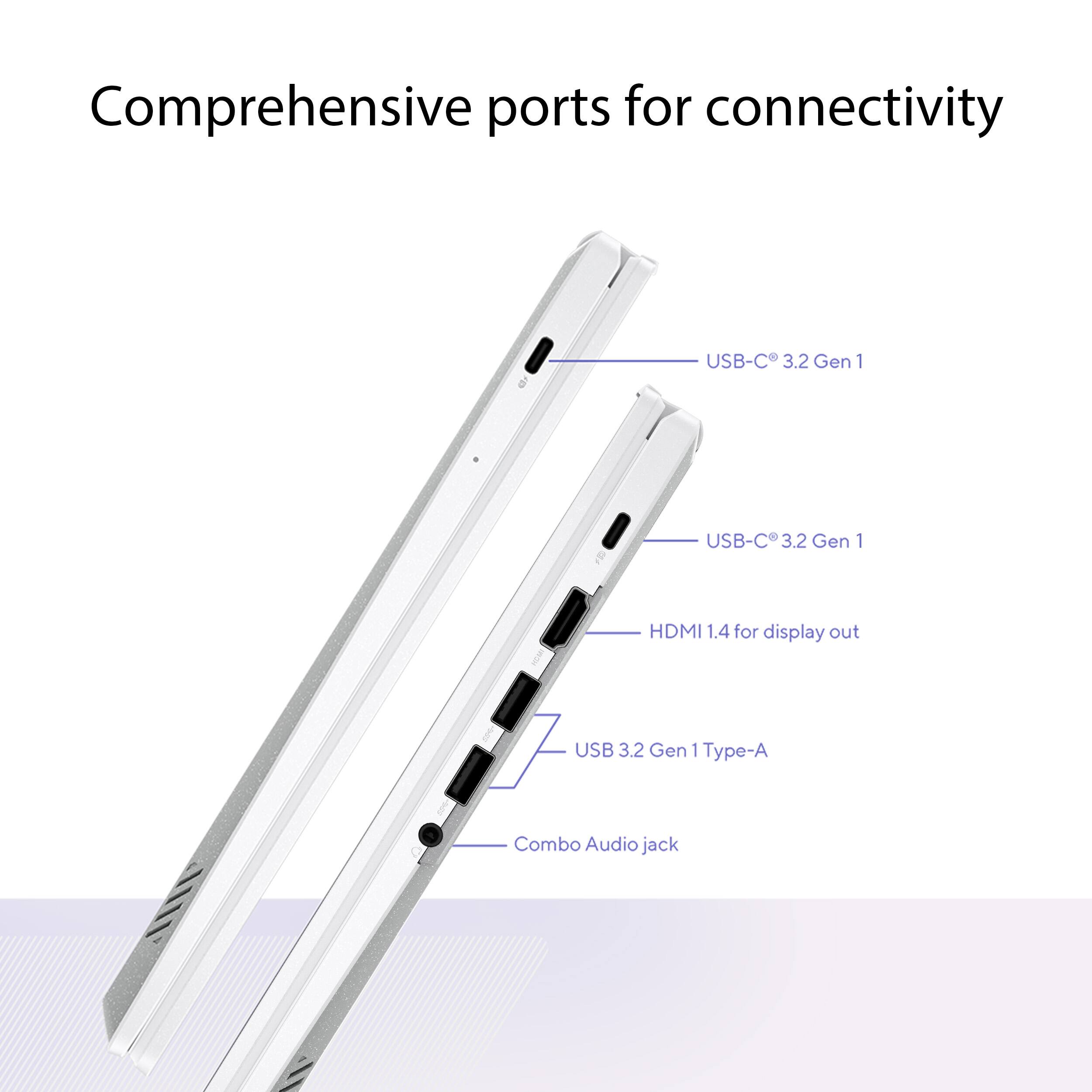 Comprehensive ports for connectivity include USB-C 3.2 Gen 1, USB-C 3.2 Gen 1, HDMI 1.4 for display out, USB 3.2 Gen 1 Type-A, and a Combo Audio jack.