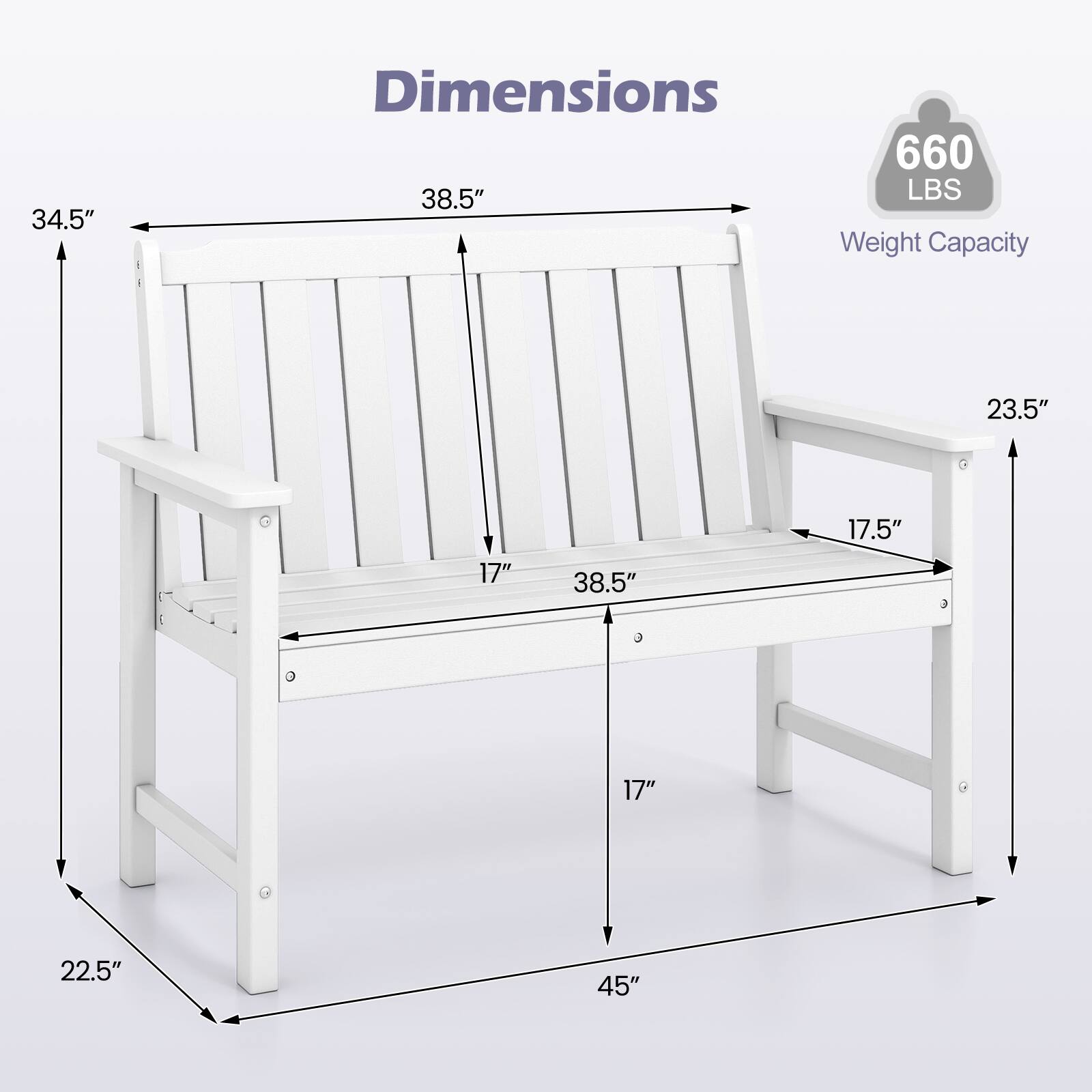 Dimensions:  
- 34.5"  
- 38.5"  
- 23.5"  
- 17.5"  
- 17"  
- 22.5"  
- 45"  

Weight Capacity: 660 LBS