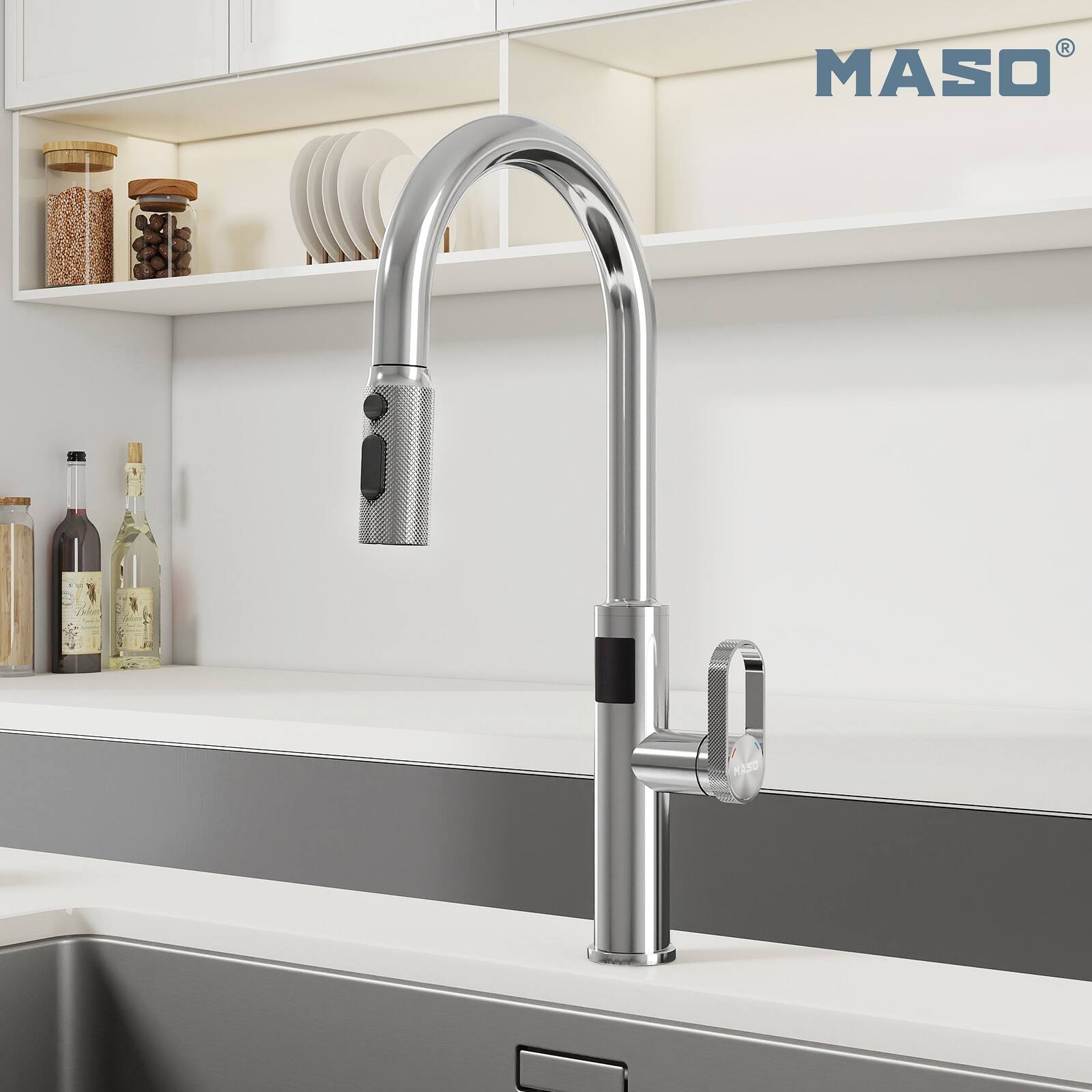 Angle. ENZE - Touchless Kitchen Faucet with Pull-Down Sprayer Fahrenheit Temperature Display 3 Spray Modes 360° Modern Faucet - Nickel.