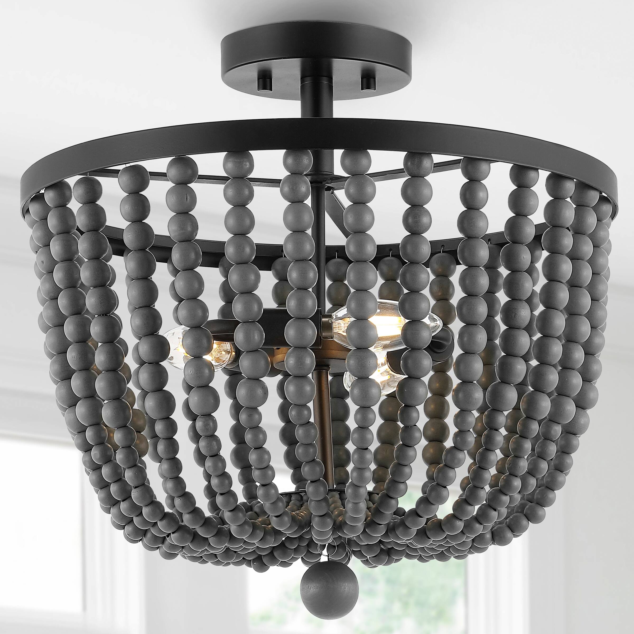 Alt View 1. Jonathan Y - Drift Wood Bead 16" 3-Light Bohemian Farmhouse Iron LED Semi Flush Mount, Oil Rubbed Bronze/Grey - Gray.