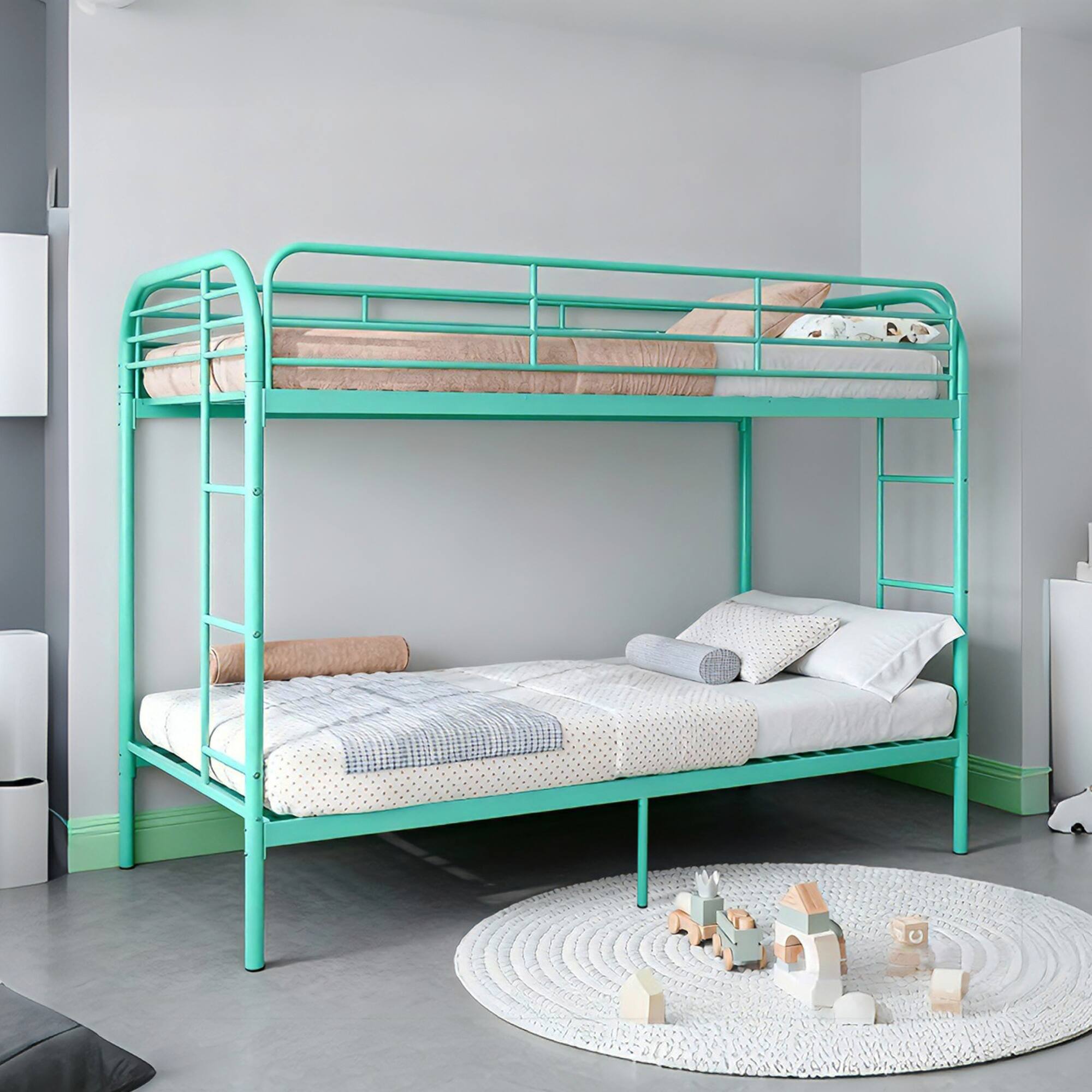 Angle. GOODSILO - Metal Twin Over Twin Bunk Bed with Dual Ladders and Full-Length Safety Rails, Space-Saving Design for Kids and Teens - Green.