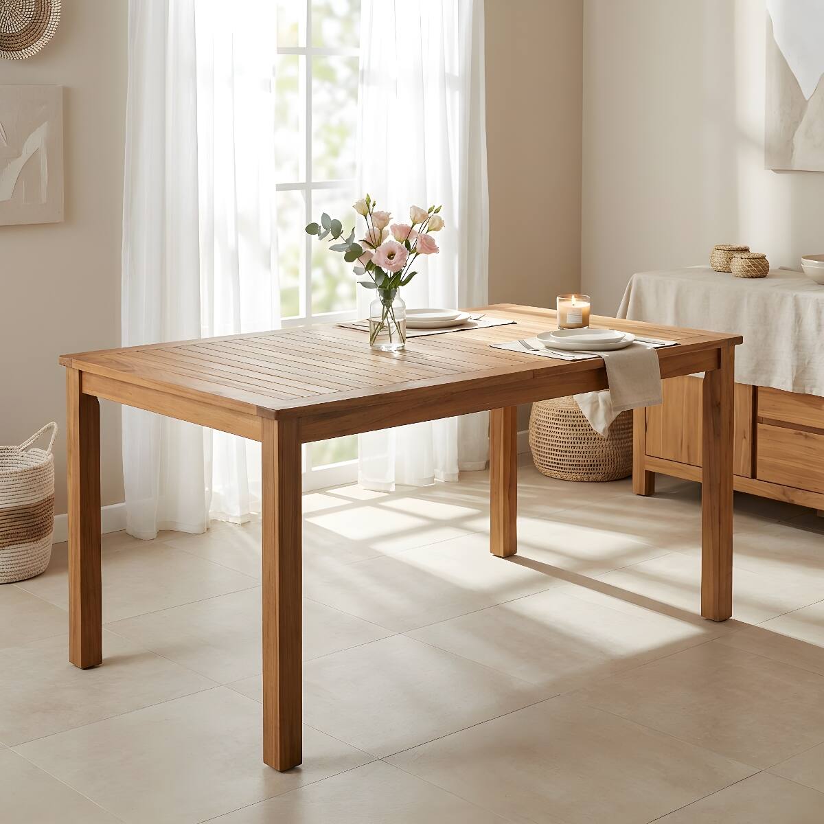 Angle. Loheer - Loheer 67 Inch Acacia Wood Dining Table Rectangular Outdoor Table for Patio or Dining Room - Natural.