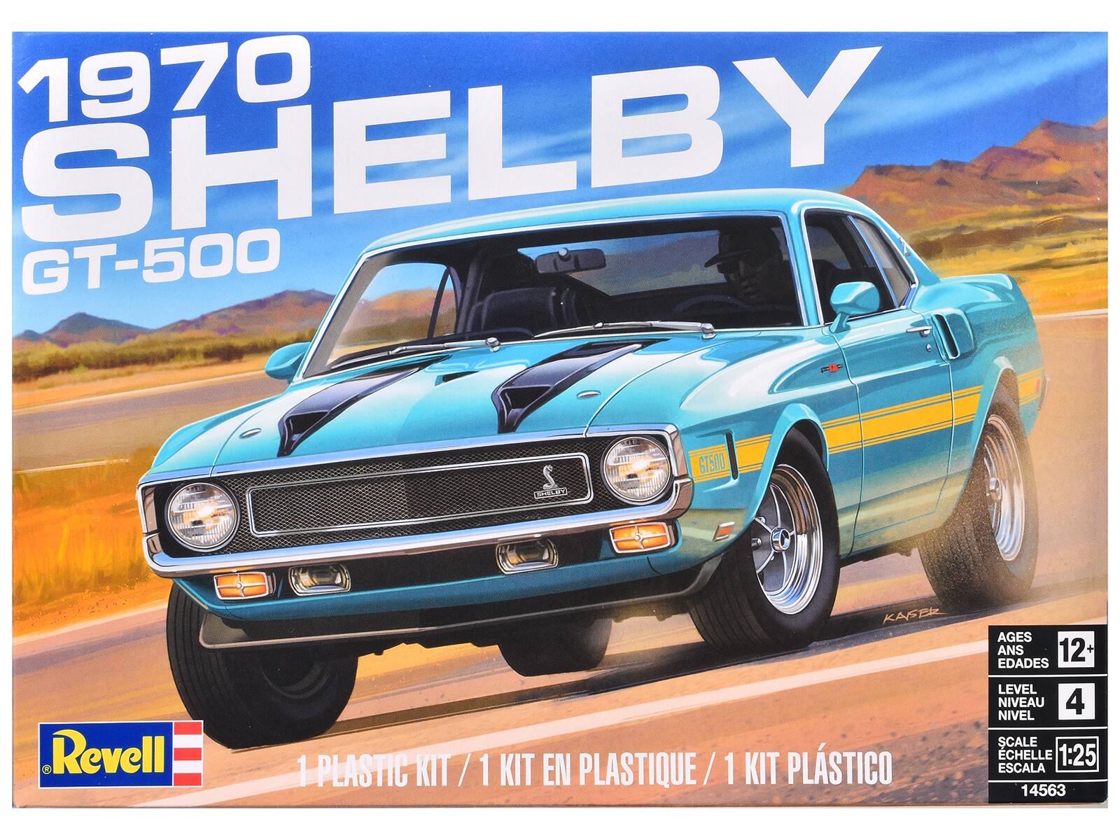 1970 SHELBY GT-500  
CL 00E  
Revell KAFER  
1 PLASTIC KIT / 1 KIT EN PLASTIQUE / 1 KIT PLÁSTICO  
AGES 12+ EDADES  
LEVEL NIVEAU 4 NIVEL  
SCALE CHELLE 1:25 ESCALA  
14563