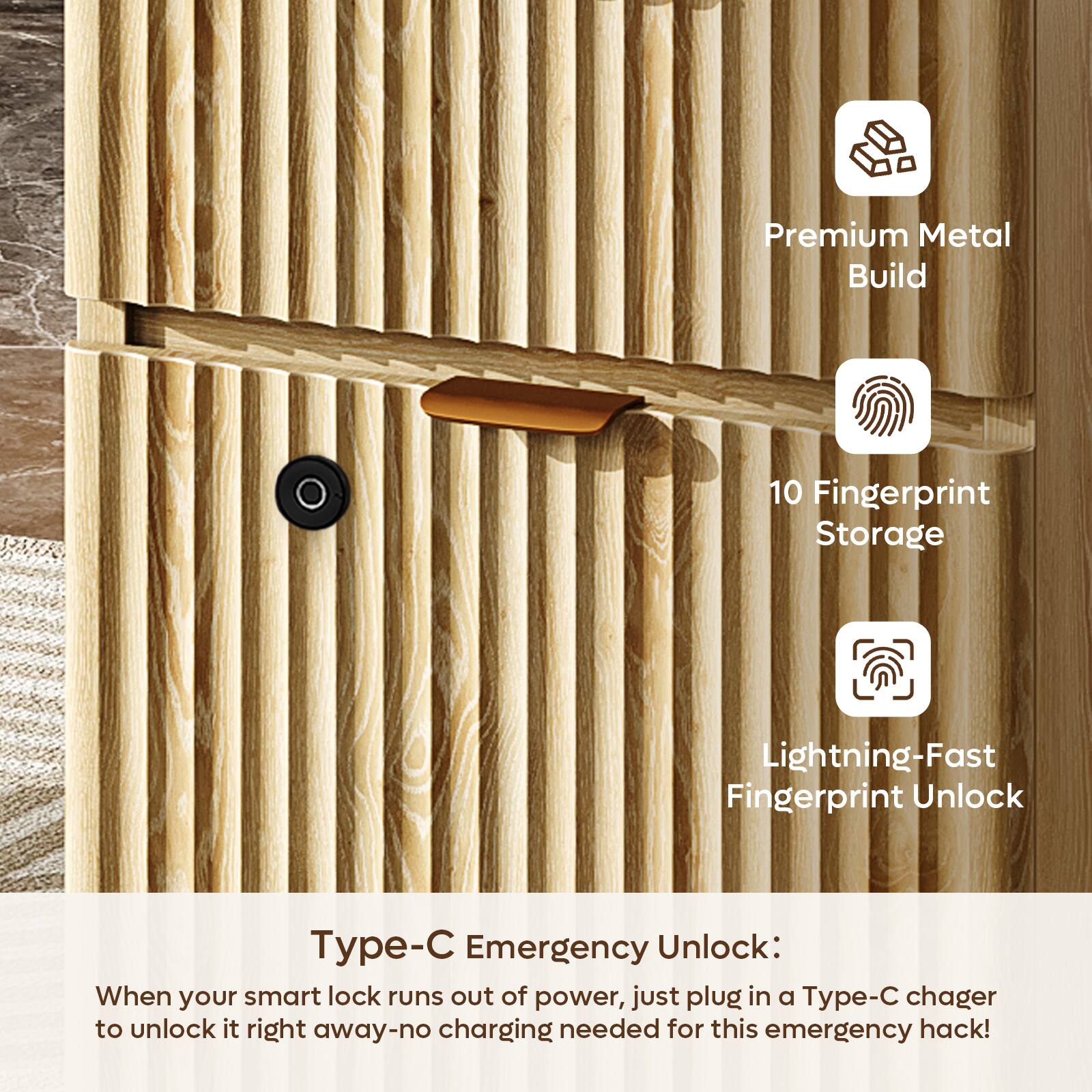 Premium Metal Build  
10 Fingerprint Storage  
Lightning-Fast Fingerprint Unlock  

Type-C Emergency Unlock:  
When your smart lock runs out of power, just plug in a Type-C charger to unlock it right away—no charging needed for this emergency hack!