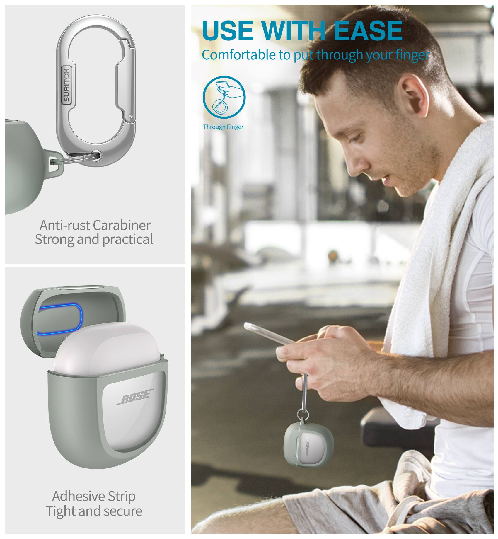 SURITCH USE WITH EASE  
Comfortable to put through your finger  
Through Finger  
Anti-rust Carabiner  
Strong and practical  

BOSE | Adhesive Strip  
Tight and secure