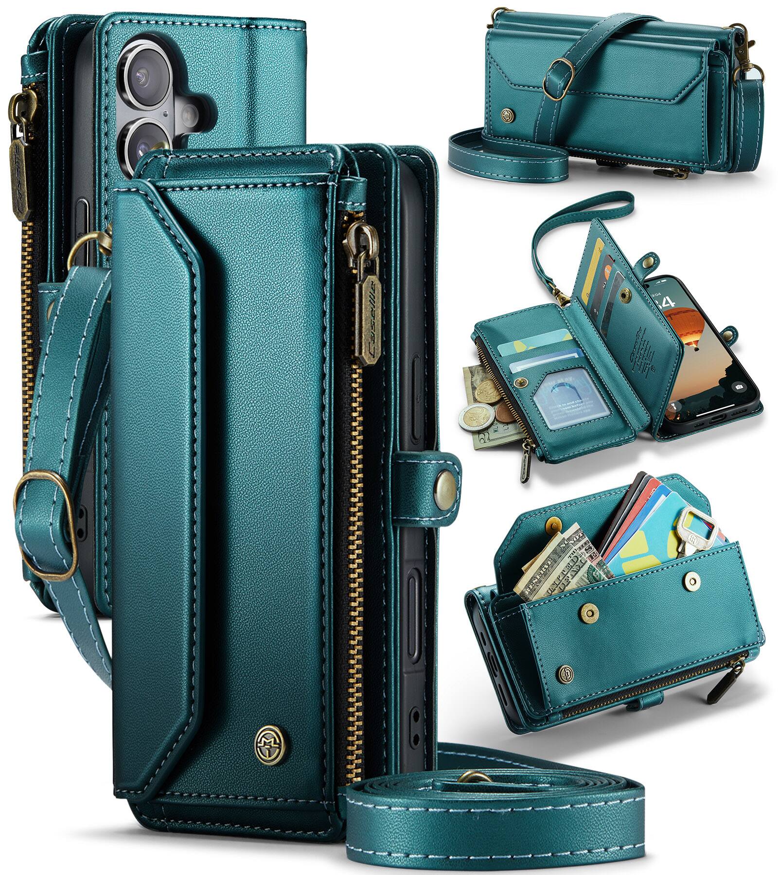 Front. Dteck - Crossbody Wallet Case for Apple iPhone 17 with Card Slots and Zipper Pocket, Shockproof RFID Blocking PU Leather Cover - Green.