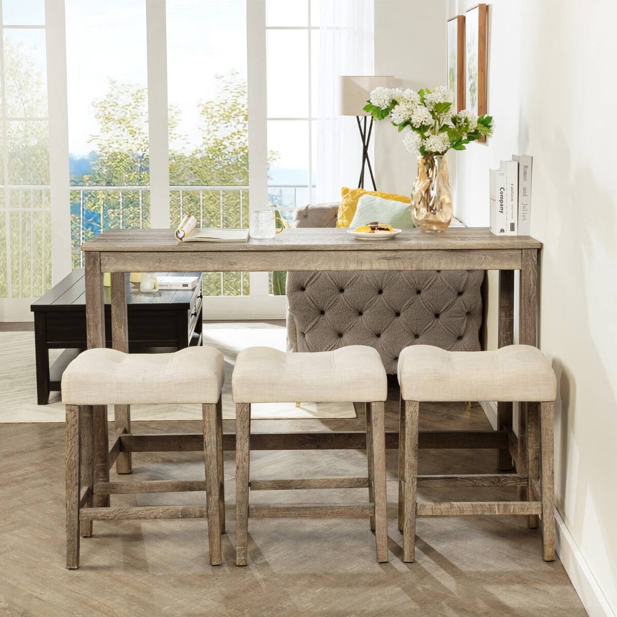 Loheer Bar Table Set with Three Stools, Rectangular Table with Power ...