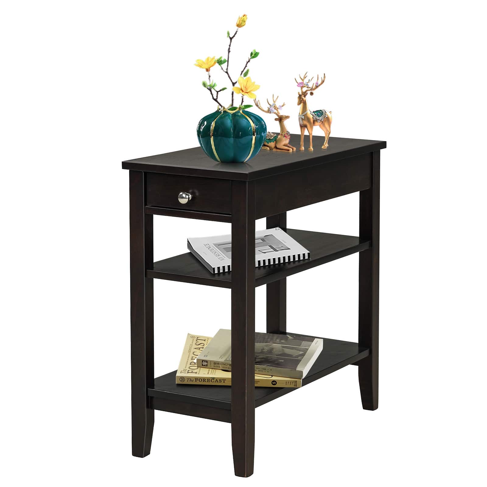 Ecooso - End Side Table with Drawer and 2-Tier Open Storage Shelves, Practical Beside Table for Living Room - Brown