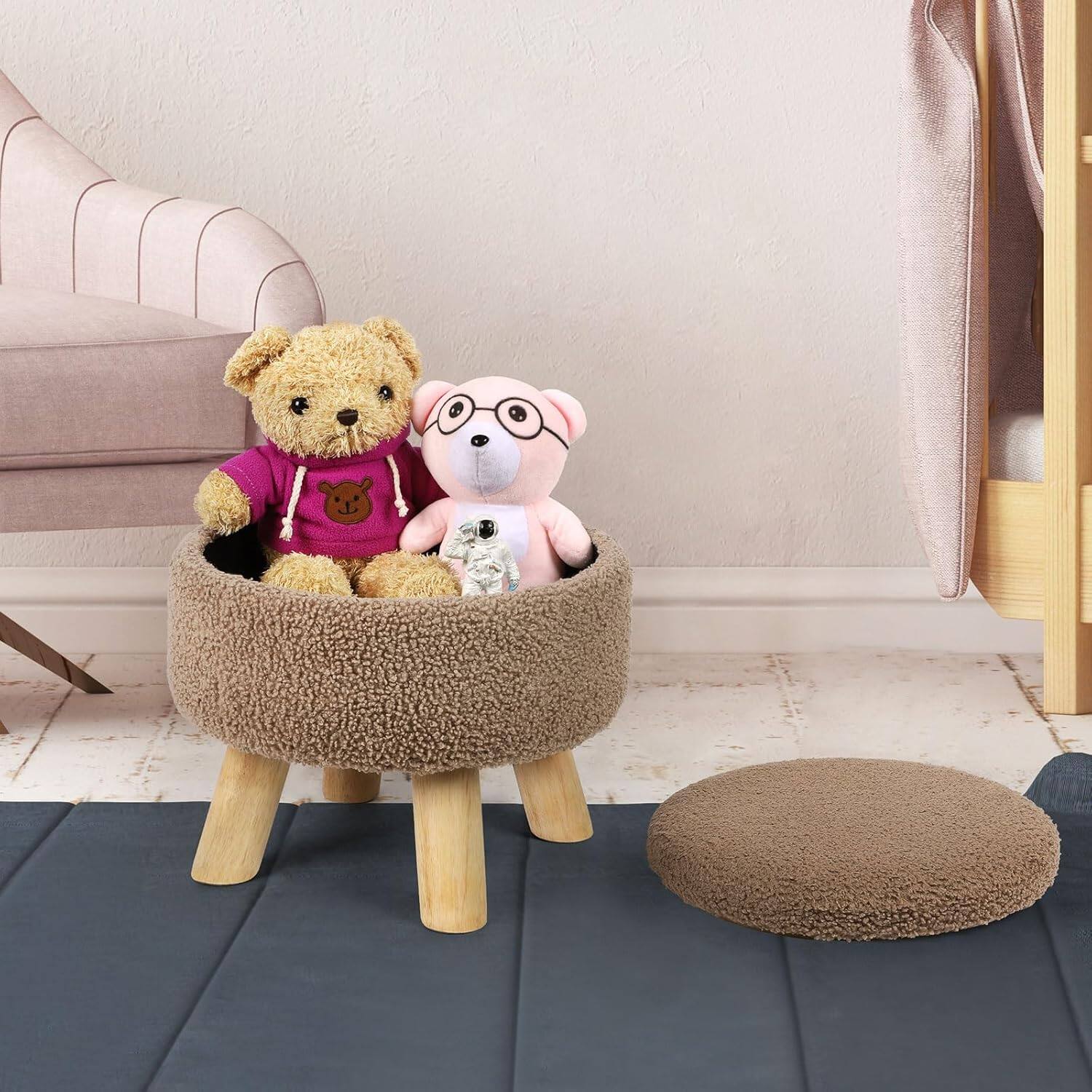 Alt View 1. Oumilen - Brown Round Teddy Fleece Storage Ottoman – Flip Wooden Lid, 4 Wood Legs Vanity Seat Bench for Home - Brown.