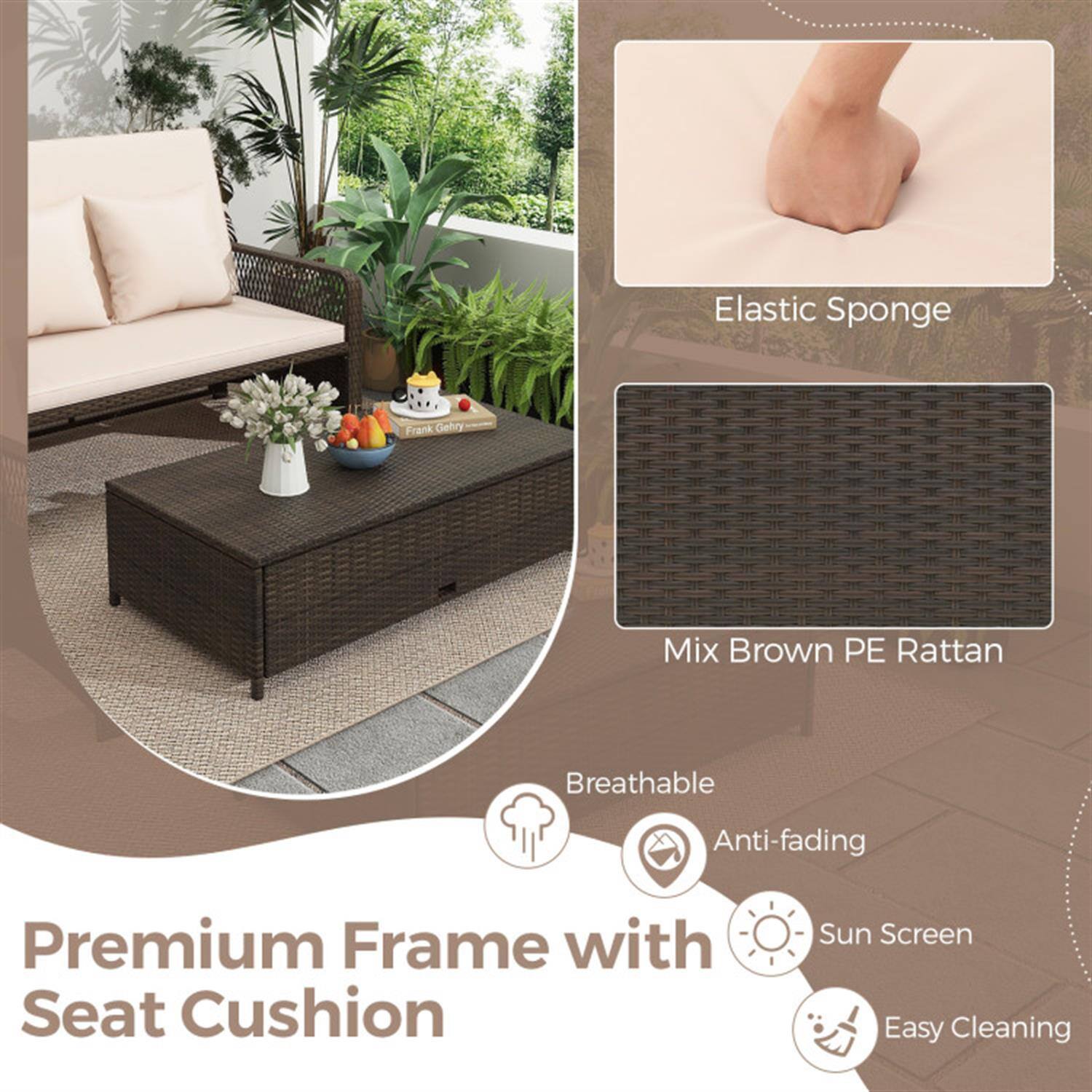 Premium Frame with Seat Cushion

- Elastic Sponge
- Mix Brown PE Rattan
- Breathable
- Anti-fading
- Sun Screen
- Easy Cleaning