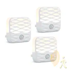 Front. Dawnrise - 3 Pack Motion Sensor Plug in LED Night Lights, Warm White.