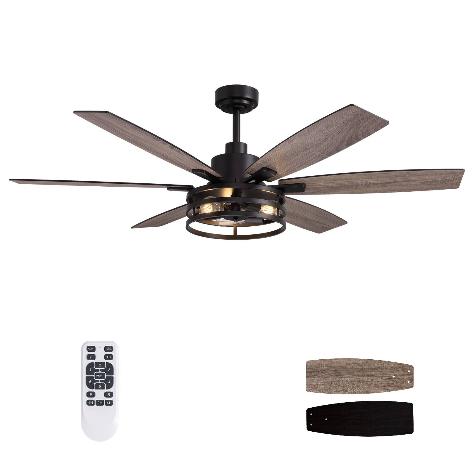 Alt View 5. Siljoy - 60 Inch Indoor Matte Black Layered Caged Ceiling Fan with Light and Remote  for Patio Kitchen Garage and Warehouse - Black.