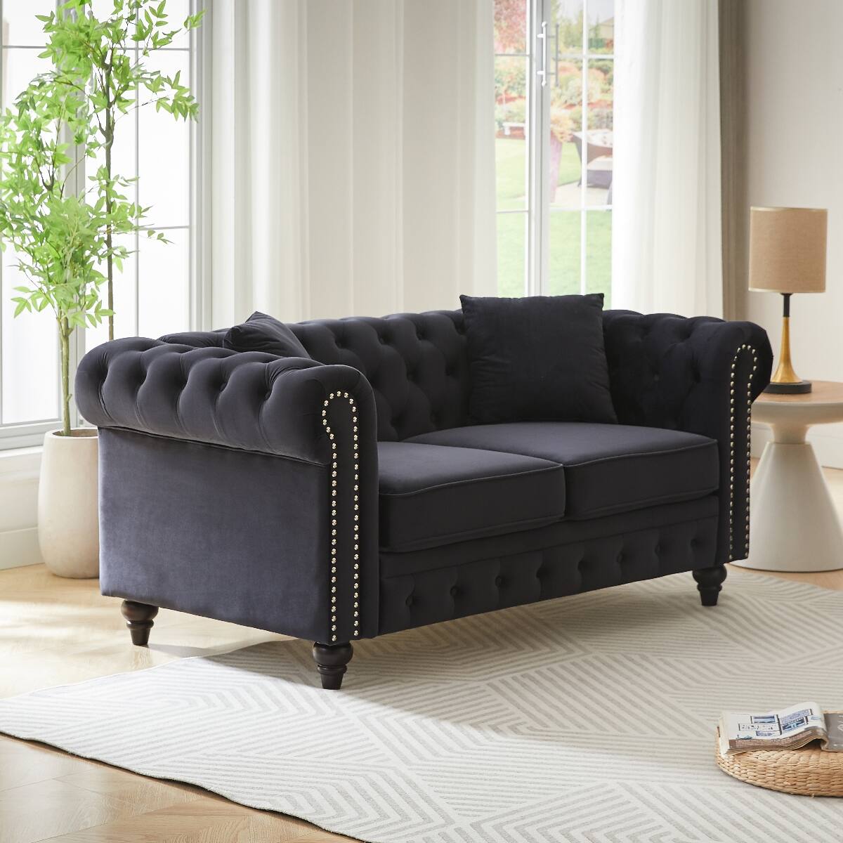 Back. Ropilly - Ropilly Black Velvet Chesterfield Sofa, Button Tufted 2 Seat Living Room Sofa with Pillows - Black.
