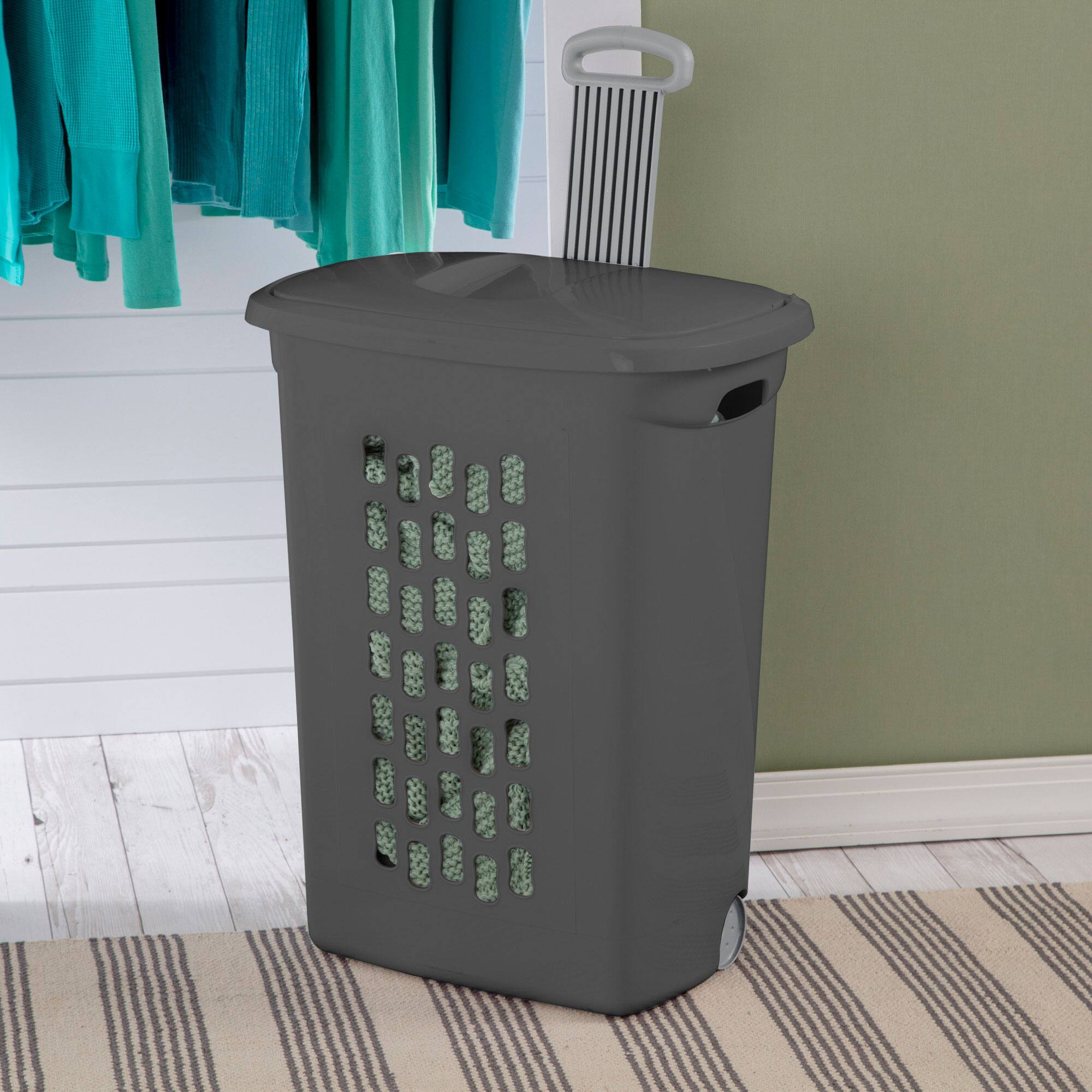 Alt View 4. Sterilite - Sterilite Ultra Wheeled Hamper, Laundry Basket w/Lid & Handle, Flat Grey, 3 Pack - Gray.