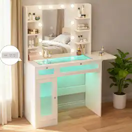 Dyonery - Vanity Desk with Mirrors & Lights 3 Colors& Drawers & Cabinet,Transparent Top with 6 Shelves/Power Outlet - White