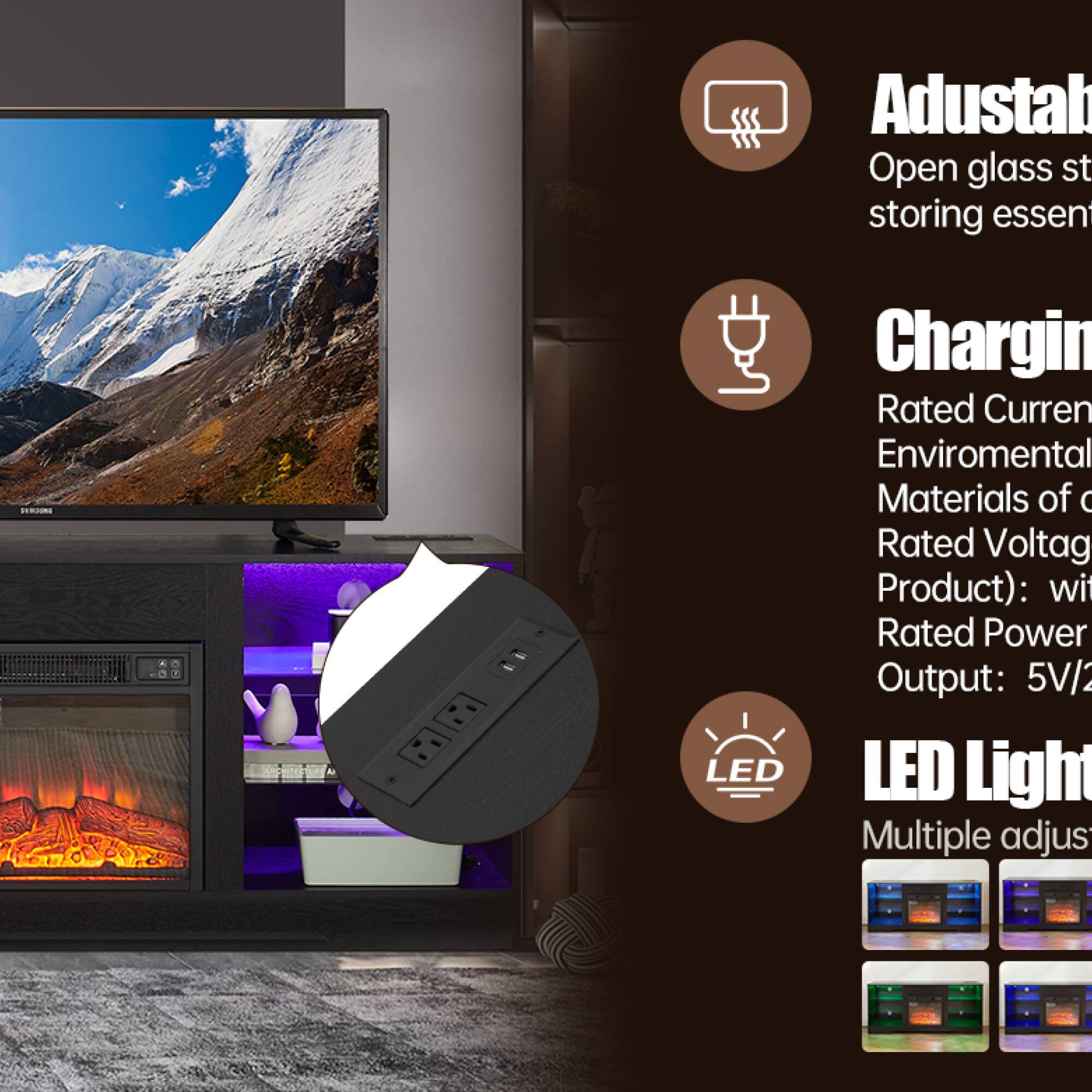 - Adjustable: Open glass storage for essential items
- Charging: Rated Current, Environmental Materials of Product, Rated Voltage, Rated Power Output: 5V/2
- LED Light: Multiple adjustments