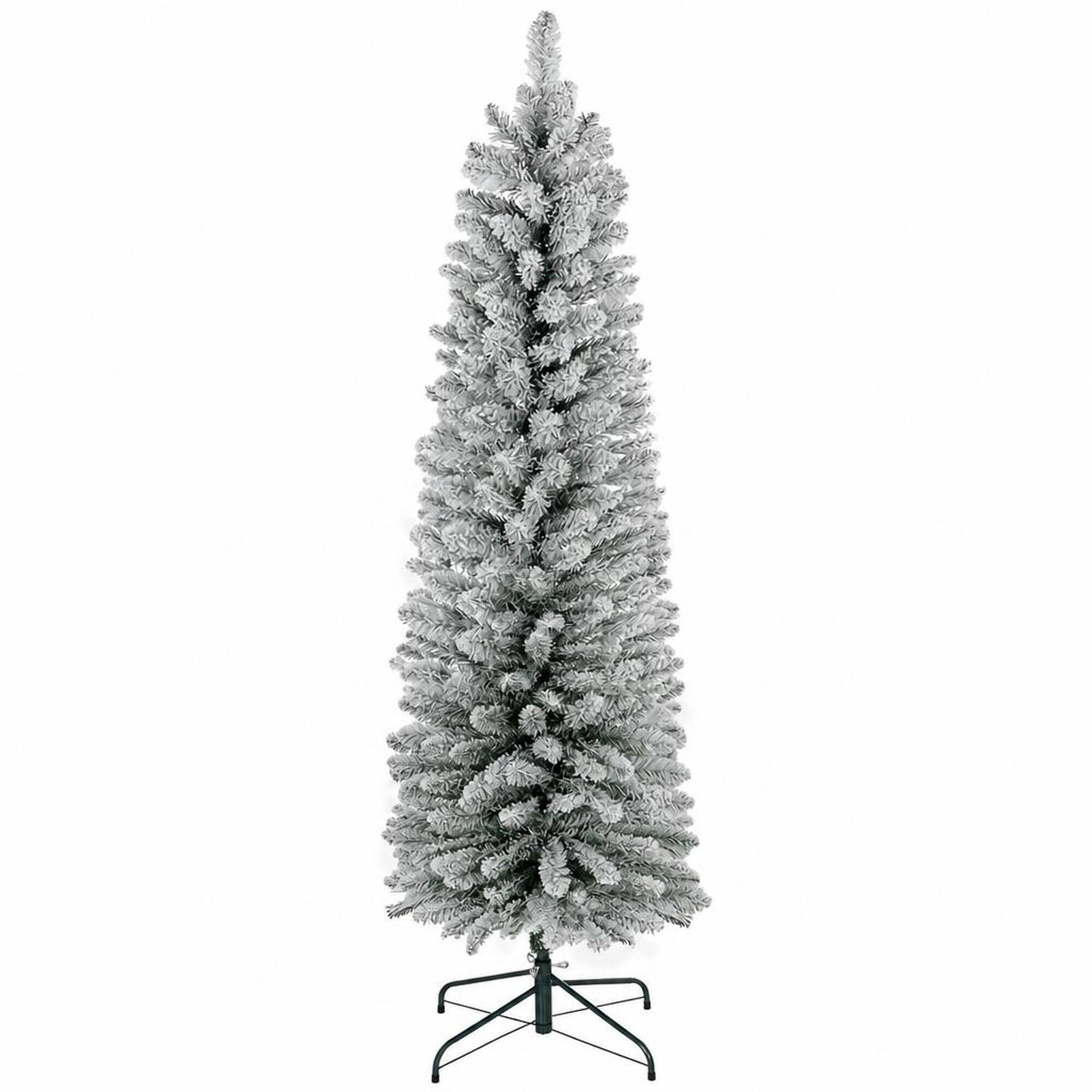 Front. RYHNUYNE - 5FT Flocked Pencil Christmas Tree With 263 Snow Tips and Metal Base, Realistic Green - Green.