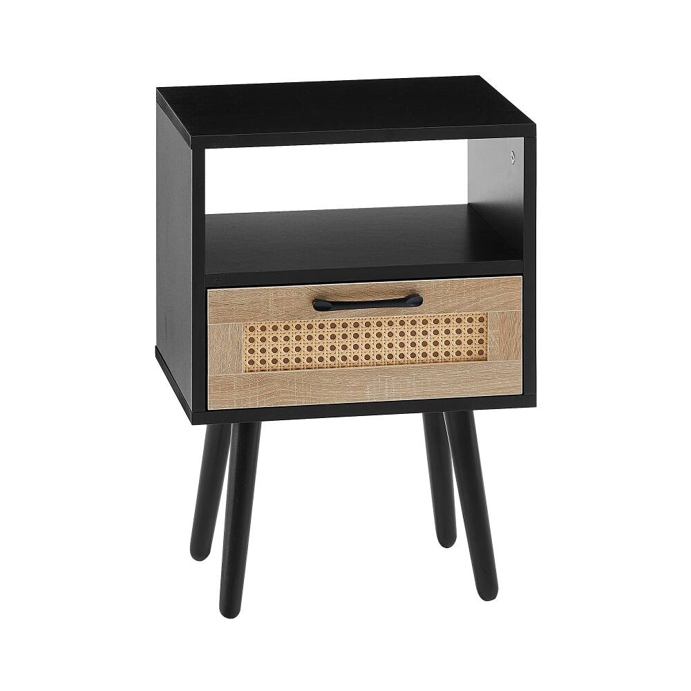 Alt View 3. Loheer - Loheer Black Rattan End Table Modern Nightstand with Drawer - Black.