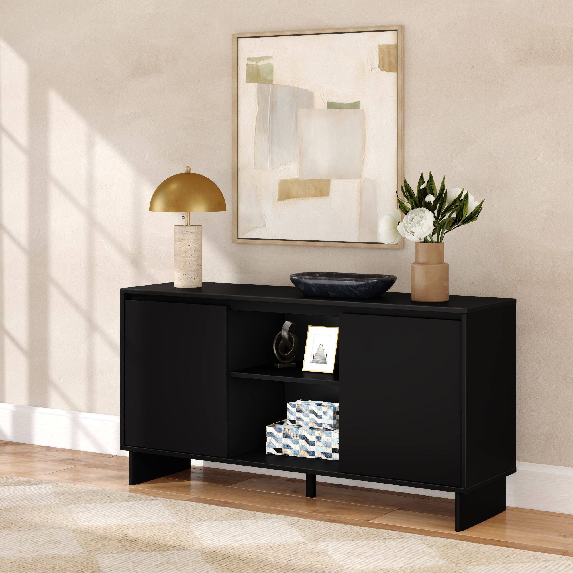 Front. Plank+Beam - Modern TV Stand/Sideboard, 2 Door w/ Middle Shelf  (1499 x 406 x 762mm / 59 x 16 x 30in), Black - Black.