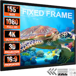 VEVOR - 155Inch Projection Screen 16:9 4K HDTV Movie Screen Fixed Frame 3D for 4K HDTV Movie Theater Outdoor Use(155inch) - Black, White