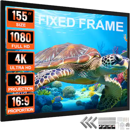 155" Fixed Size Frame, 1080 Full HD, 4K Ultra HD, 3D Projection, 16:9 Proportion.