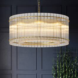 LUCKY ONE - 37in Hanging Round Chandelier, 8-Light 2-Tier Water Ripple Crystal for Dining Room High Ceiling - Gold