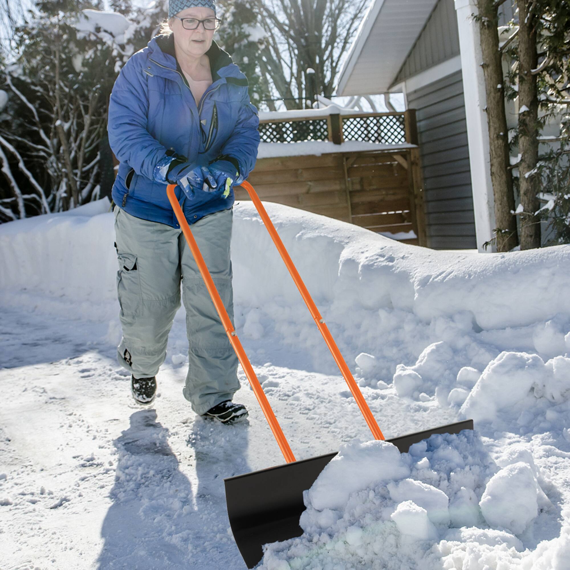 Alt View 12. Costway - 30" Snow Shovel Heavy-Duty Metal Adjustable Height Wheeled Snow Removal Pusher - Black + Orange.