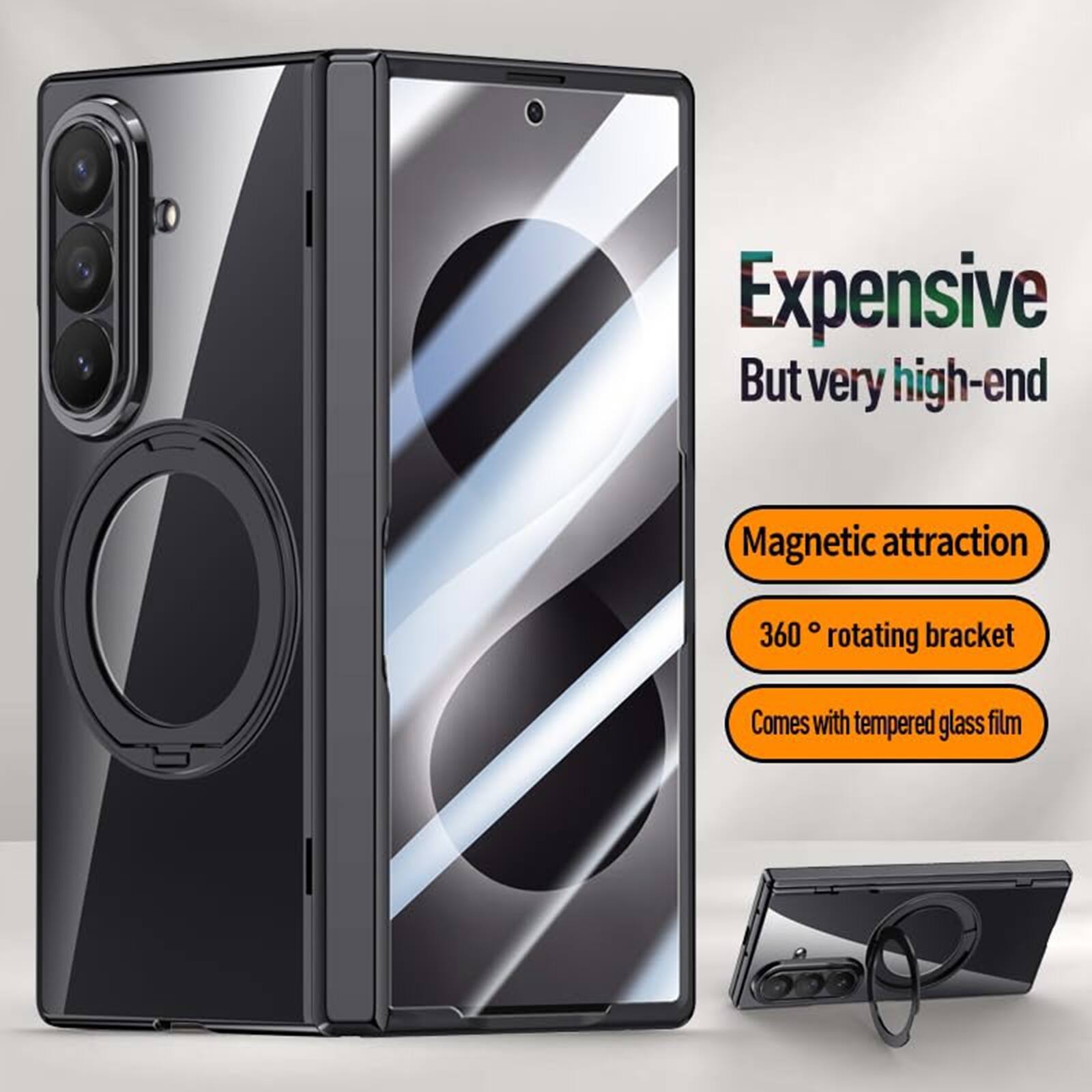 Expensive But very high-end  
Magnetic attraction  
360° rotating bracket  
Comes with tempered glass film