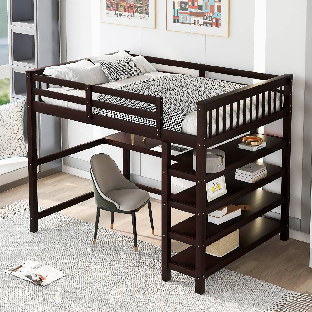 Angle. Loheer - Loheer Full Size Loft Bed with Desk and Storage Shelves Espresso Solid Wood - Espresso.