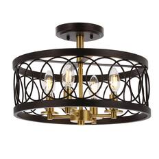 Front. Jonathan Y - Sylvain 15.5" Metal LED Semi-Flush Mount, Oil Rubbed Bronze/Brass Gold - Oil Rubbed Bronze/Brass Gold.