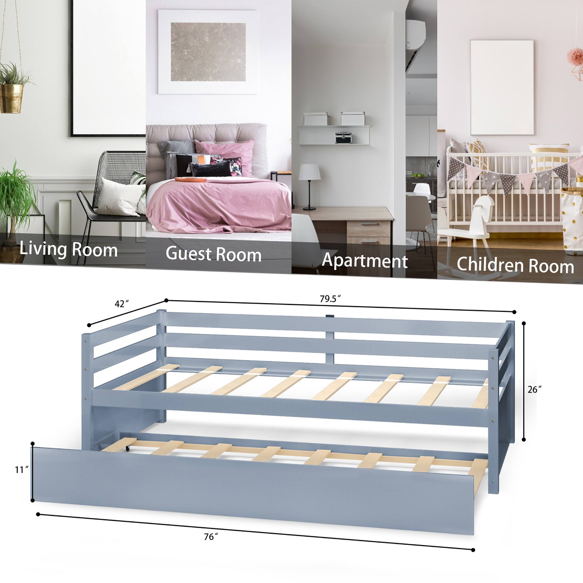 Alt View 2. Costway - Costway Twin Size Trundle Daybed Wooden Slat Support Mattress Platform - Gray.