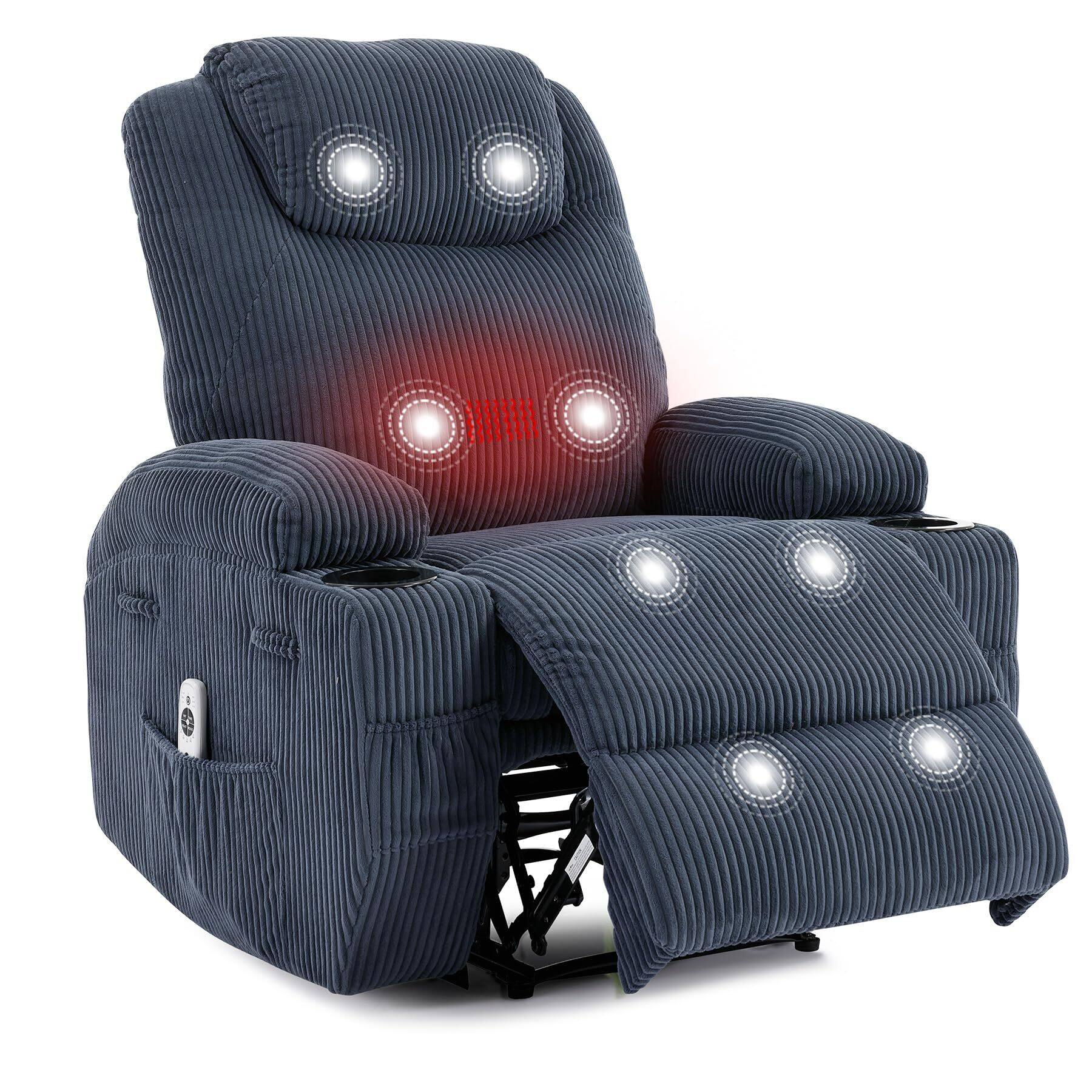 Acekool - Massage Recliner Chair with Heat - Ultra-Comfortable Reclining (135° Adjustable), Dual Cup Holders - Blue