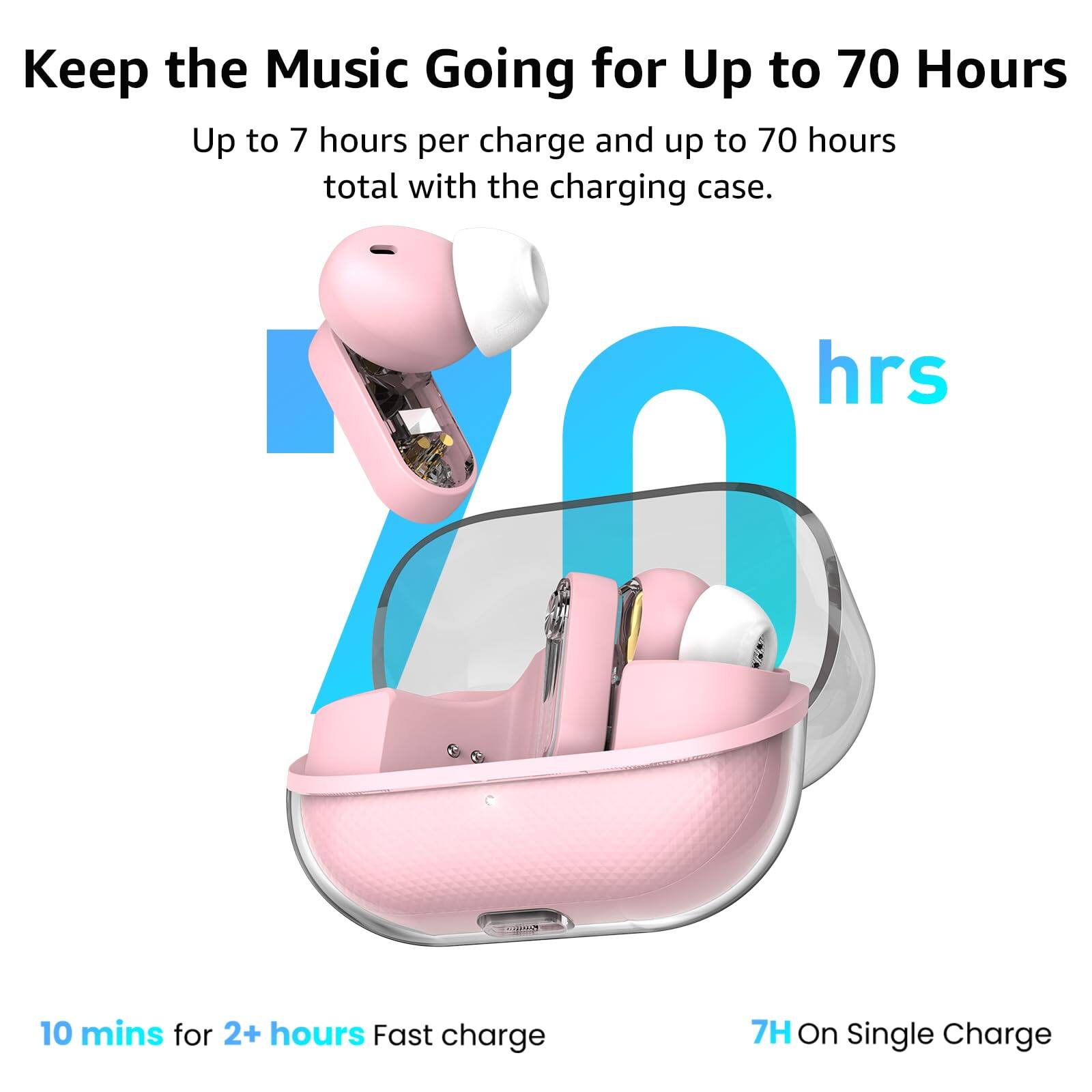 Keep the Music Going for Up to 70 Hours

Up to 7 hours per charge and up to 70 hours total with the charging case.

10 mins for 2+ hours Fast charge

7H On Single Charge