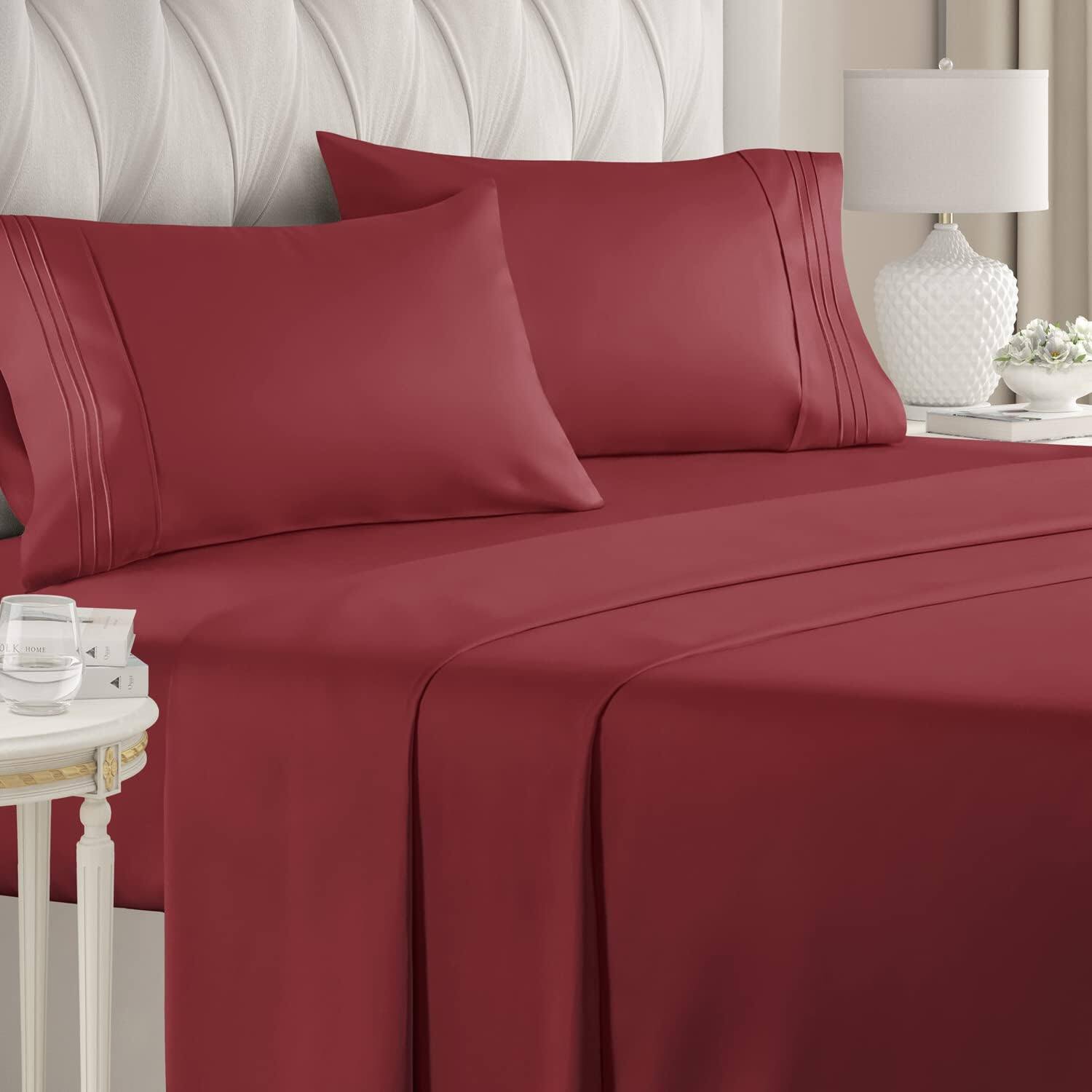 CGK Linens - Luxury Soft 4 Piece Solid Bed Sheet Set - Deep Pocket Fits 8"-16" Mattresses - Burgundy
