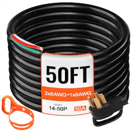 VEVOR - 50FT 50Amp Generator Extension Cord 6 Gauge STW 6/3+8/1 RV Power Cord NEMA 14-50P to Bare Wire, Cut Wire for Trailer - Black;Orange