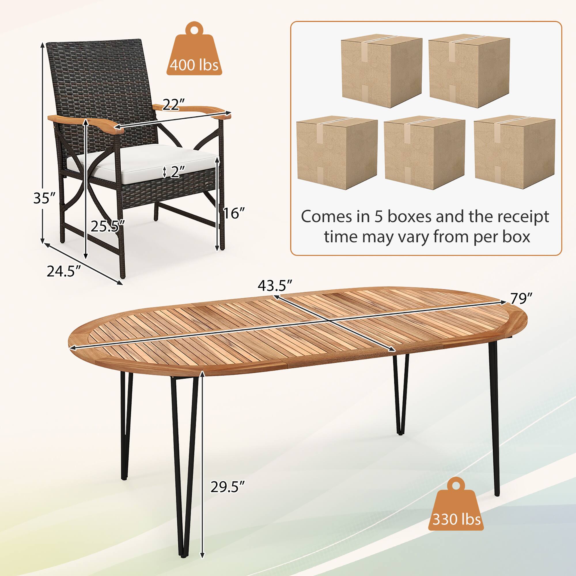 400 lbs  
22" H  
12"  
35"  
25.5"  
16"  
24.5"  
43.5"  
79"  
29.5"  
330 lbs  

Comes in 5 boxes and the receipt time may vary from per box