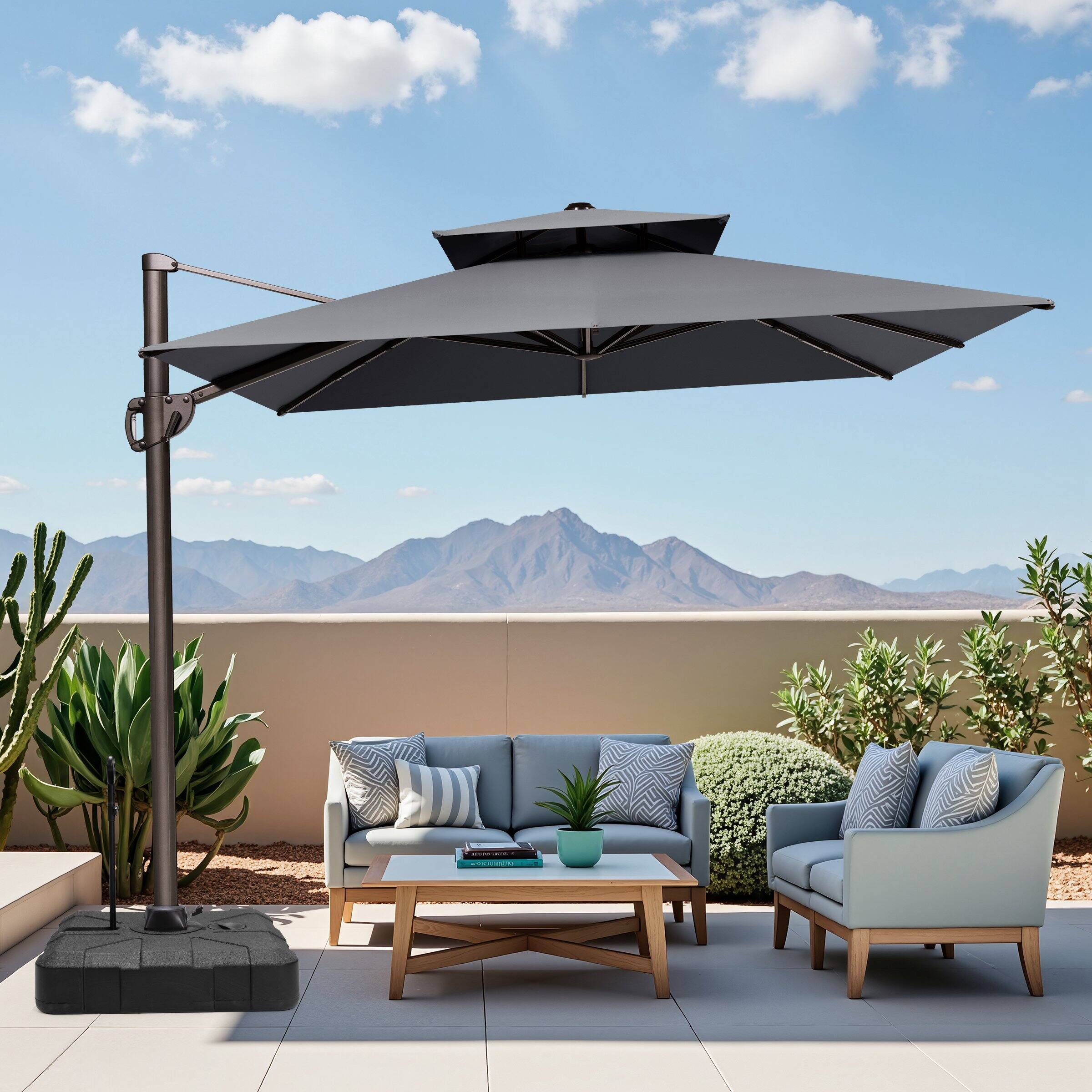 Back. Crestlive Products - Crestlive Products 11-ft Aluminum Tan Slide-tilt Cantilever Patio Umbrella with Base - Dark gray.