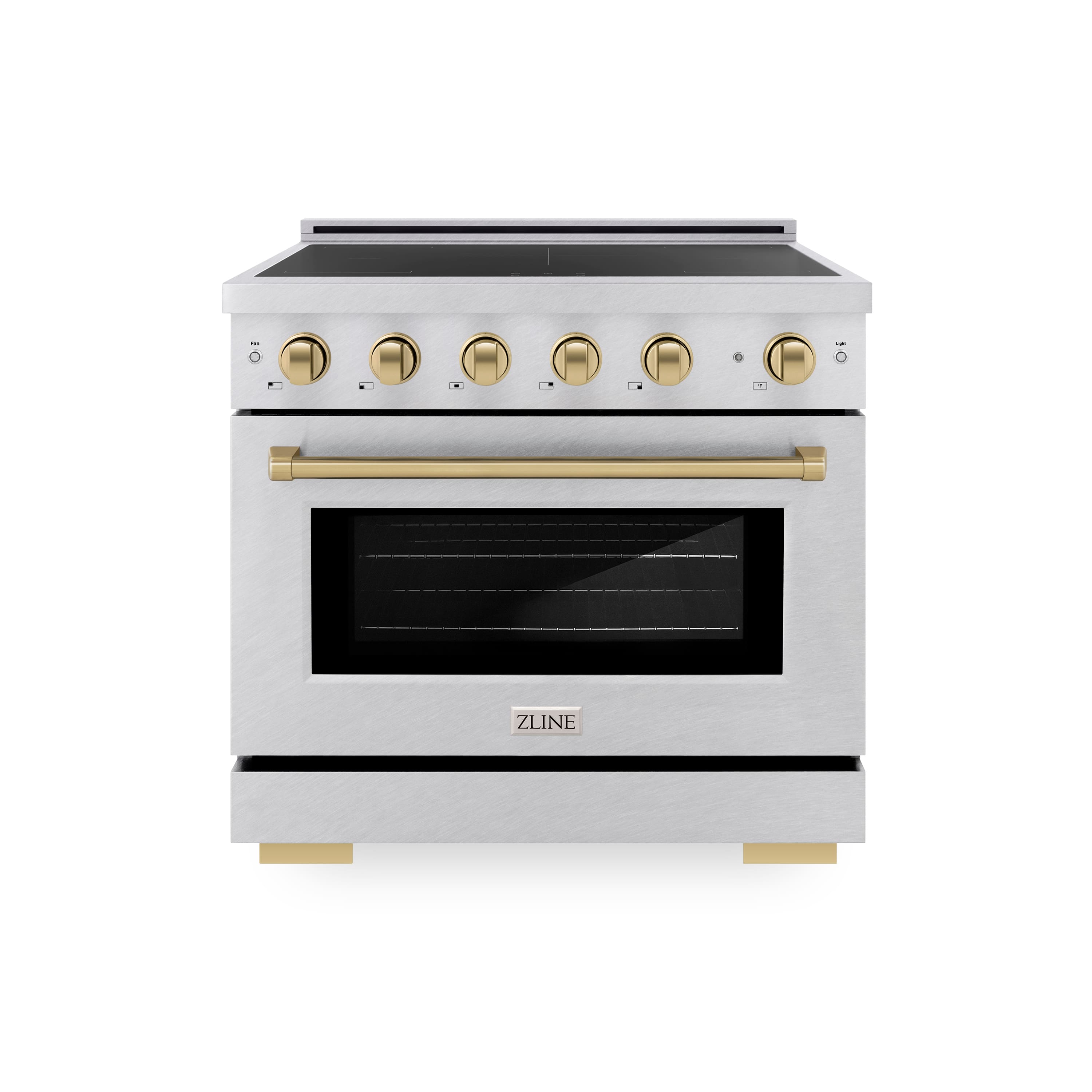 Front. ZLINE - 36 in. Wide 5 Elements Autograph 5.2 cu. ft. Paramount Freestanding Induction Range in Satin Steel with Bronze Accents - Satin Stainless Steel.