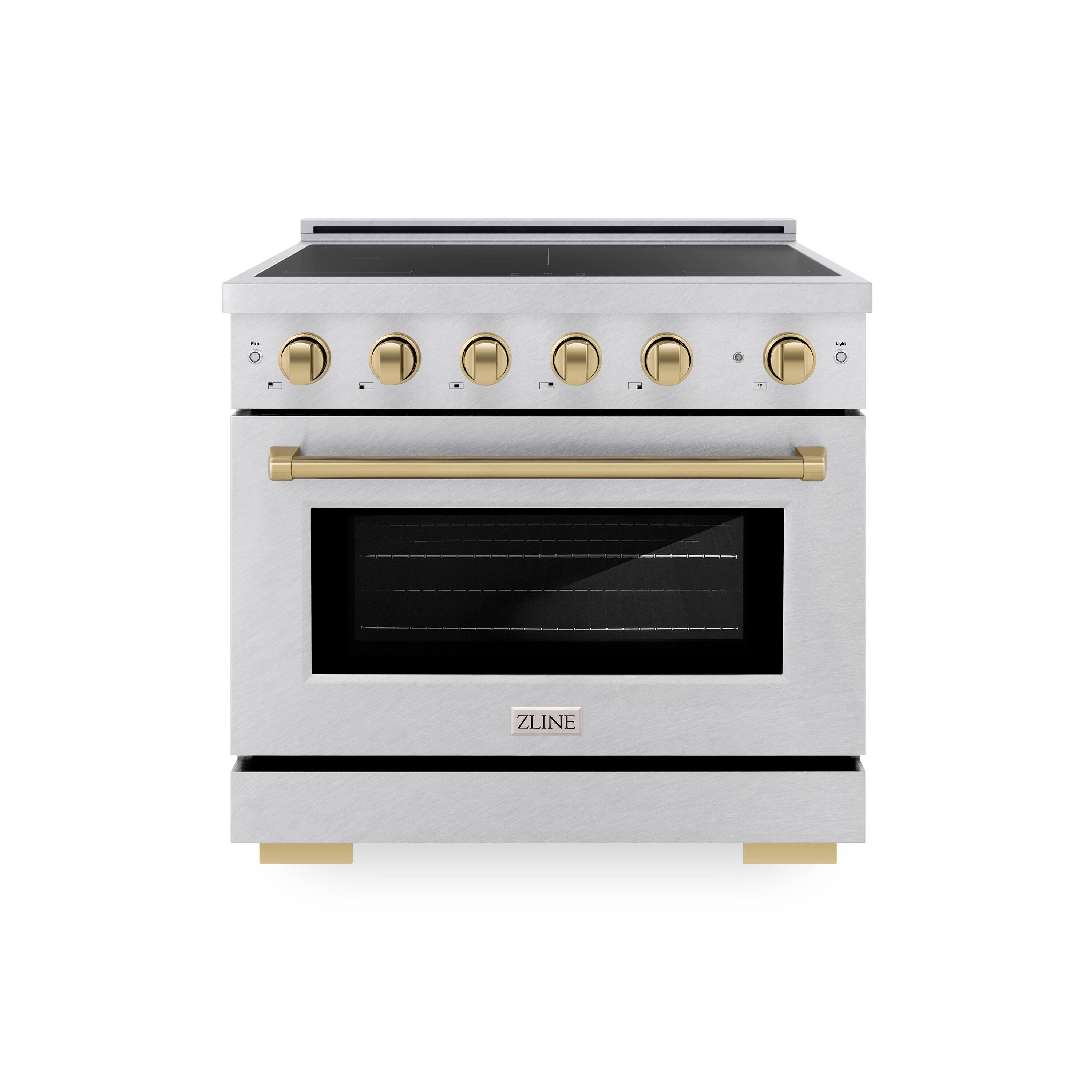 Front. ZLINE - Autograph 36 in. 5.2 cu. ft. Paramount Freestanding Induction Range with 5 Burners in Satin Steel with Bronze Accents - Satin Stainless Steel.